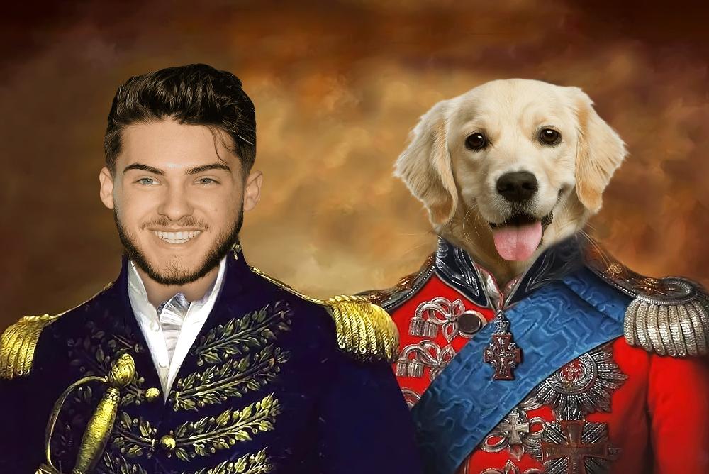 Custom pet portrait with man and dog in regal attire