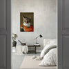 Modern bedroom with cat portrait on wall