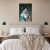 Custom cat portrait above bed in stylish room