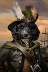Black dog in pirate costume portrait