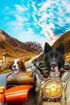 Custom pet portrait with dogs on a motorcycle adventure