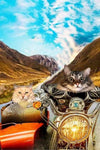Custom pet portrait with cats on a motorcycle adventure