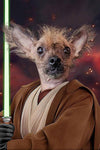 Custom pet portrait of dog as Kenobi with lightsaber.