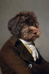 Renaissance-style dog portrait in elegant attire