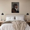 Dog portrait above bed in modern bedroom decor