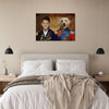 Custom pet portrait above bed in minimalist bedroom