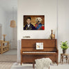 Pet portrait above piano in stylish living room