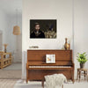 Pet portrait above piano in elegant room