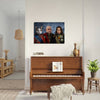 Pet portrait above piano in stylish living room