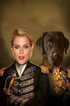 Custom pet portrait of a woman and dog in commander attire.