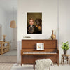 Portrait of woman and dog in commander attire above piano.