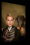 Canvas print of woman and dog in regal commander outfits.