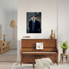 Gangster pet portrait displayed above piano.