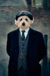 Custom pet portrait of dog dressed as a gangster.