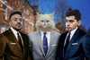 Custom pet portrait with two men and a cat in suits