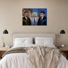 Gentlemen trio portrait above bed in bedroom