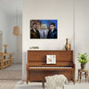 Pet portrait above piano in stylish living room