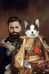 Regal Renaissance pet portrait with man and cat in imperial attire