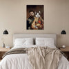 Elegant bedroom with regal pet portrait, man and cat