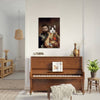 Pet portrait above piano, man and cat in regal attire