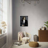 Stylish room with pet portrait as James Bond on wall