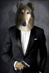 Custom pet portrait as James Bond with a dog in a tuxedo