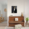 Pet portrait as James Bond displayed above a piano
