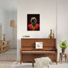 Joker pet portrait above piano in living room