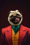 Joker pet portrait with pug in colorful suit
