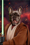 Dog in Kenobi costume with lightsaber portrait.