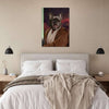 Bedroom decor featuring Kenobi pet portrait.