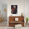 Royal dog portrait on wall above piano