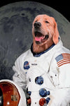 Golden retriever in astronaut suit with moon background