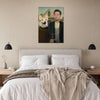 Pet portrait above bed in chic bedroom