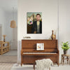 Pet portrait above piano in stylish living room