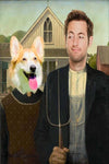 Renaissance-style pet portrait with man and dog