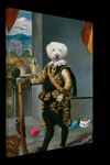 Canvas print of a dog dressed as a privateer with a parrot.