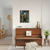 Pet portrait of a dog as a privateer displayed above a piano.