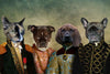 Elegant pet portrait with cats and dogs in royal costumes