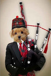 Custom pet portrait of dog as Scottish bagpiper