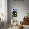 Framed dog portrait in Scottish attire in modern room