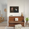 Shelby Brothers pet portrait above piano in stylish room.
