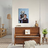 Step Brothers pet portrait above piano in living room