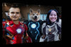 Framed superhero pet portrait with two people and a dog.