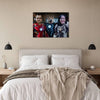 Superhero pet portrait above a bed in a cozy bedroom.
