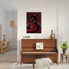 Cat superhero portrait above piano in living room