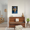 Pet portrait of a dog in surgeon outfit above a piano.