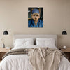 Pet portrait of a dog in surgeon attire above a bed.