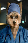 Custom pet portrait of a dog in surgeon attire.