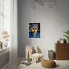 Pet portrait of a dog in surgeon attire in a cozy room.